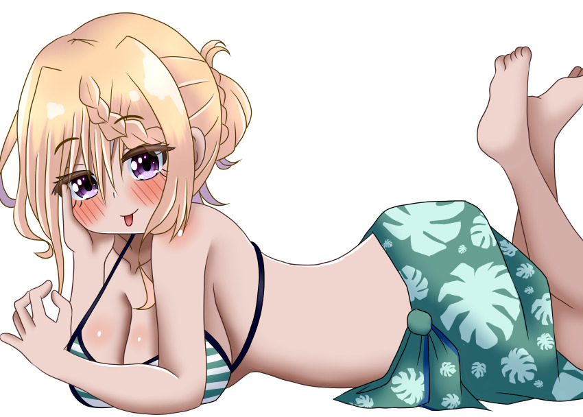 1girl absurdres barefoot bikini blonde_hair braid braided_bangs braided_bun breasts cleavage commentary_request cross-laced_bikini cross-laced_clothes green_bikini green_sarong hair_bun highres kantai_collection large_breasts long_hair looking_at_viewer lying mimmmoekaki official_alternate_costume on_stomach perth_(kancolle) perth_(swimsuit)_(kancolle) purple_eyes sarong short_hair simple_background solo striped_bikini striped_clothes swimsuit tongue tongue_out white_background