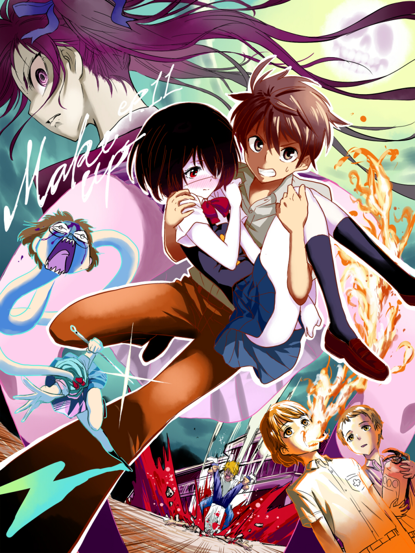 10s 3girls 5boys akazawa_izumi another black_hair blonde_hair blood blush brown_hair bungo carrying eyepatch fire fire_extinguisher glasses highres kazami_tomohiko long_neck misaki_mei multiple_boys multiple_girls open_mouth ponytail princess_carry red_eyes rokurokubi running sakakibara_kouichi school_uniform sharp_teeth spoilers sugiura_takako teeth teshigawara_naoya yamashita_bungo