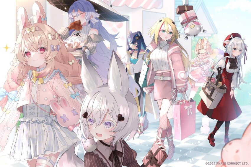 6+girls ahoge animal_ear_fluff animal_ears antlers aqua_eyes bag bear_ears bear_girl black_bow black_bowtie blonde_hair blue_bow blue_hair boots bow bowtie box breasts checkered_floor cleavage cleavage_cutout closed_eyes clothing_cutout colored_eyelashes copyright_notice deer_antlers deer_ears deer_girl dragon_girl dragon_horns dress ear_bow eating fishnet_thighhighs fishnets footwear_bow fortissimo fox_ears fox_girl fujikura_uruka gift gift_box grey_hair hair_between_eyes hair_ornament hairband hakushika_iori hat heart heart_hair_ornament heart_necklace holding holding_gift horns jacket jewelry multicolored_hair multiple_girls musical_note musical_note_hair_ornament necklace o-ring o-ring_thigh_strap official_art phase_connect pinafore_dress pink_boots pink_eyes pink_hair pink_hairband pink_jacket pink_scarf pink_skirt pipkin_pippa plaid_clothes plaid_scarf pleated_skirt purple_bow purple_eyes purple_hair rabbit_ears rabbit_girl rabbit_o-ring red_bow red_dress red_footwear ribbed_shirt rinkou_ashelia scarf shirt shisui_michiru_(phase_connect) shopping_bag skirt sleeveless sleeveless_dress smile snowing sparkle streaked_hair suzuho_hotaru tenma_maemi theo_(tenma_maemi) thigh_strap thighhighs utatane_nasa virtual_youtuber white_footwear white_hat white_shirt white_skirt witch_hat yellow_bow yellow_bowtie