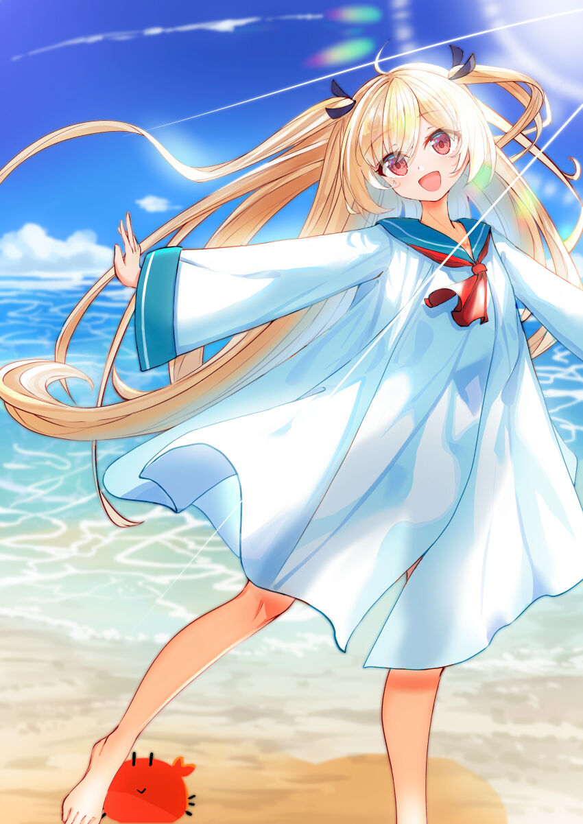 1girl :d absurdres ahoge ascot atri atri-my_dear_moments- barefoot beach black_ribbon blue_sailor_collar blue_sky blush commentary crab day dress eyelashes eyes_visible_through_hair floating_hair foot_out_of_frame hair_between_eyes hair_ribbon happy head_tilt highres long_hair long_sleeves looking_at_viewer ocean open_mouth outdoors outstretched_arms pokemongundam red_ascot red_eyes ribbon sailor_collar sailor_dress sky smile solo standing straight_hair sunlight two_side_up very_long_hair white_dress wide_sleeves wind