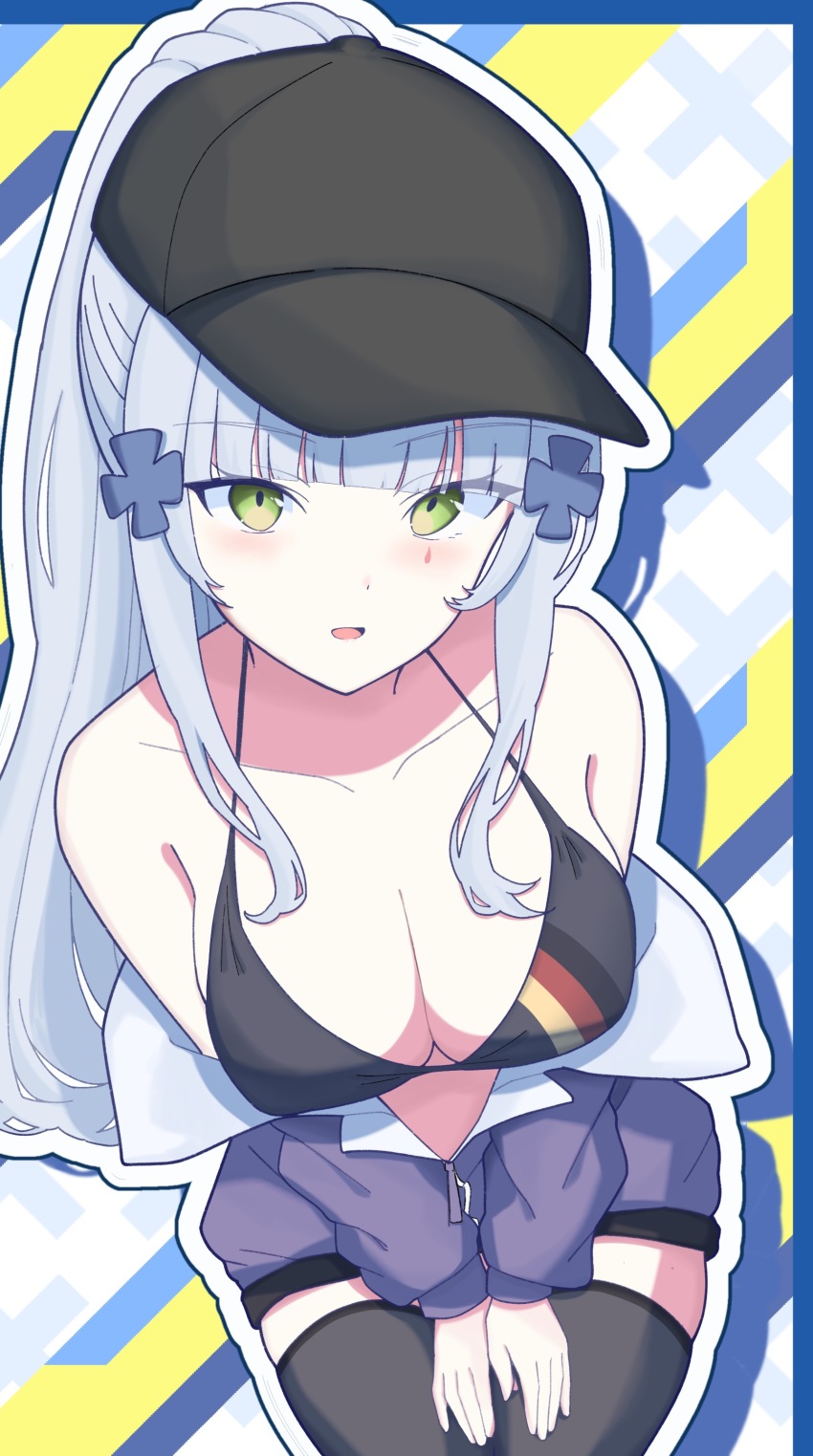 1girl absurdres baseball_cap black_bra black_hat black_thighhighs bra breasts clover_hair_ornament collarbone german_flag girls&#039;_frontline girls&#039;_frontline_2:_exilium green_eyes grey_hair hair_ornament hands_on_thighs hat highres hk416_(girls&#039;_frontline) jacket klukai_(girls&#039;_frontline_2) large_breasts long_hair looking_at_viewer off_shoulder open_mouth outline ponytail purple_jacket solo teardrop_facial_mark thighhighs uchikata_takeaki underwear white_outline