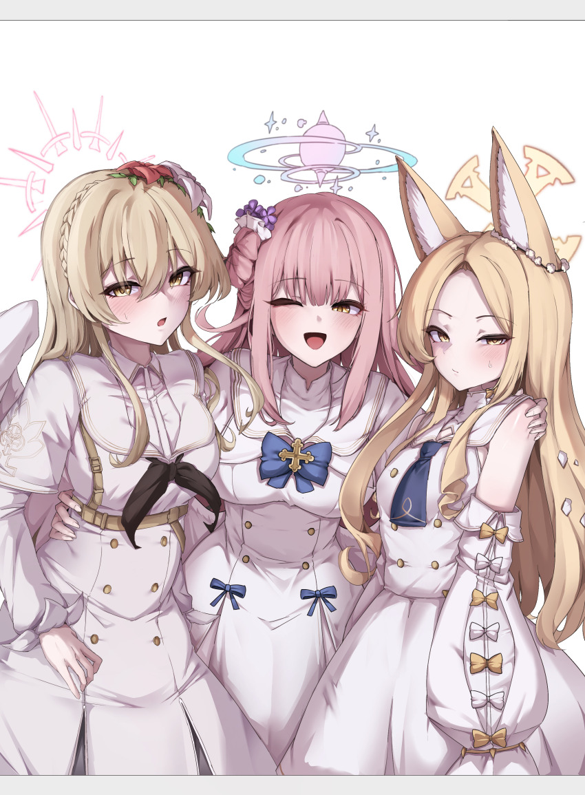 3girls absurdres animal_ear_fluff animal_ears ascot bare_shoulders black_neckerchief blonde_hair blue_archive blue_ascot blue_bow blue_halo blush bow braid capelet chanwoo closed_mouth crown_braid detached_sleeves dress feathered_wings flower forehead fox_ears fox_girl hair_between_eyes hair_bun hair_flower hair_ornament hair_scrunchie halo hand_on_another&#039;s_shoulder hand_on_another&#039;s_waist highres long_hair mika_(blue_archive) multiple_girls nagisa_(blue_archive) neckerchief one_eye_closed open_mouth pink_hair pink_halo purple_flower red_flower scrunchie seia_(blue_archive) sidelocks single_side_bun sweat tea_party_(blue_archive) white_capelet white_dress white_flower white_scrunchie wings yellow_eyes yellow_halo