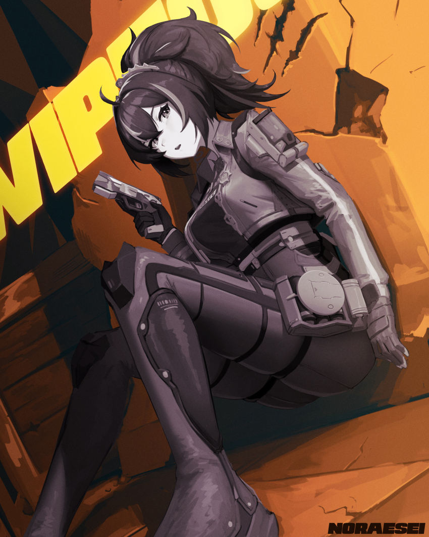1girl ahoge artist_name ass breasts checkered_necktie commentary crack cracked_wall cropped_jacket crossed_bangs double-parted_bangs dutch_angle english_commentary gloves greyscale_with_colored_background gun hair_between_eyes hair_ornament hand_up high-waist_pants high_ponytail highres holding holding_gun holding_weapon holster jacket knees_up large_breasts long_sleeves looking_at_viewer multicolored_hair necktie noraesei open_clothes open_jacket orange_background pants parted_lips police police_badge police_uniform policewoman ponytail shirt short_hair shoulder_holster sitting solo streaked_hair tight_clothes tight_pants weapon zenless_zone_zero zhu_yuan