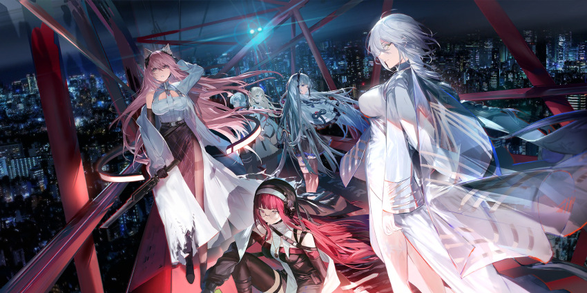 6+girls animal_ears black_skirt black_thighhighs blonde_hair breasts cat_ears character_request city city_lights cityscape full_body game_cg girls&#039;_frontline girls&#039;_frontline_neural_cloud glasses grey_hair highres holding holding_sword holding_weapon k5_(girls&#039;_frontline) lab_coat laowei_shi_tu large_breasts lens_flare long_hair looking_at_viewer luna_(neural_cloud) multiple_girls night official_art pantyhose persicaria_shining_edge_(neural_cloud) pink_hair red_hair rmb-93_(girls&#039;_frontline) sideways_glance skirt sword thighhighs third-party_source weapon white_hair yelena_(neural_cloud)