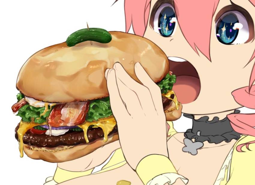 1girl bacon blue_eyes breasts burger choker cleavage close-up commentary_request drill_hair eating female_focus food food_focus hair_between_eyes huge_breasts long_hair magister meat mustard open_mouth original pickle pink_hair sakuraba_himari_(magister) simple_background solo sparkling_eyes tomato twin_drills white_background wrist_cuffs