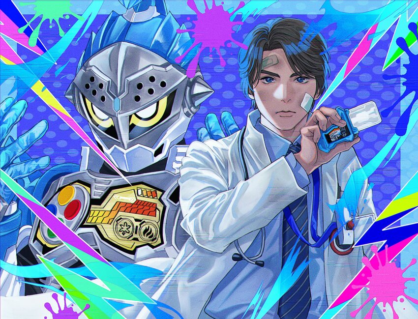 1boy armor bandaid bandaid_on_face bandaid_on_head blue_bodysuit blue_eyes blue_gemstone blue_gloves blue_helmet blue_necktie blue_shirt bodysuit breastplate bright_pupils brown_hair buttons coat collared_coat collared_shirt doctor fire forehead_jewel gameplay_mechanics gem gloves grey_armor hands_up health_bar helmet highres holding ice id_card jewelry kagami_hiiro kamen_rider kamen_rider_brave kamen_rider_ex-aid_(series) knight lab_coat lightning_bolt_symbol mask necktie rider_gashat sasakura34 serious shirt short_hair snowflakes splashing stethoscope visor_(armor) white_coat white_pupils yellow_eyes