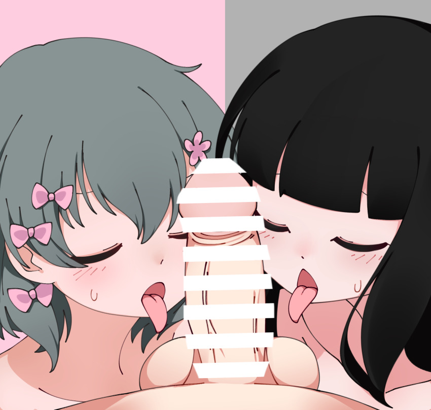 1boy 2girls bar_censor black_hair blunt_bangs blush bow censored closed_eyes collarbone completely_nude crossover flower green_hair hair_between_eyes hair_bow hair_flower hair_ornament hetero highres inabakumori iyowa_girls kurari-chan_(iyowa) kyu-kurarin_(cevio) long_hair multiple_girls multiple_hair_bows nazunobasho nude open_mouth osage_(nukunuku_nigirimeshi) penis pink_bow pink_flower pov short_hair sidelocks split_theme sweat testicles tongue tongue_out variant_set veins veiny_penis