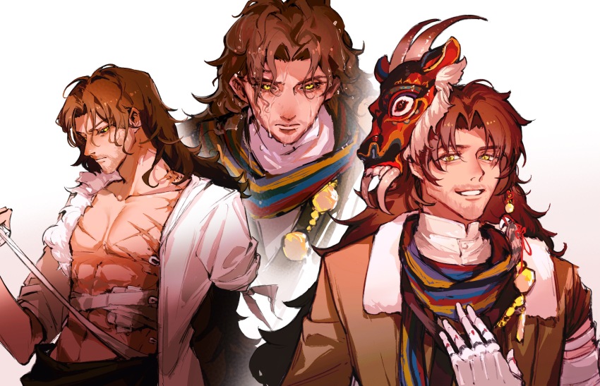 1boy absurdres bandaged_waist beard_stubble beiji_shutiao brown_coat brown_hair coat facial_hair grin hand_up highres long_hair looking_at_viewer looking_down male_focus mask mask_on_head mature_male mechanical_arms multicolored_scarf multiple_views open_clothes open_shirt pectorals prosthesis prosthetic_arm reverse:1999 scar scar_on_chest scarf shamane shirt single_mechanical_arm smile stubble toned toned_male upper_body wet wet_hair white_background white_shirt yellow_eyes
