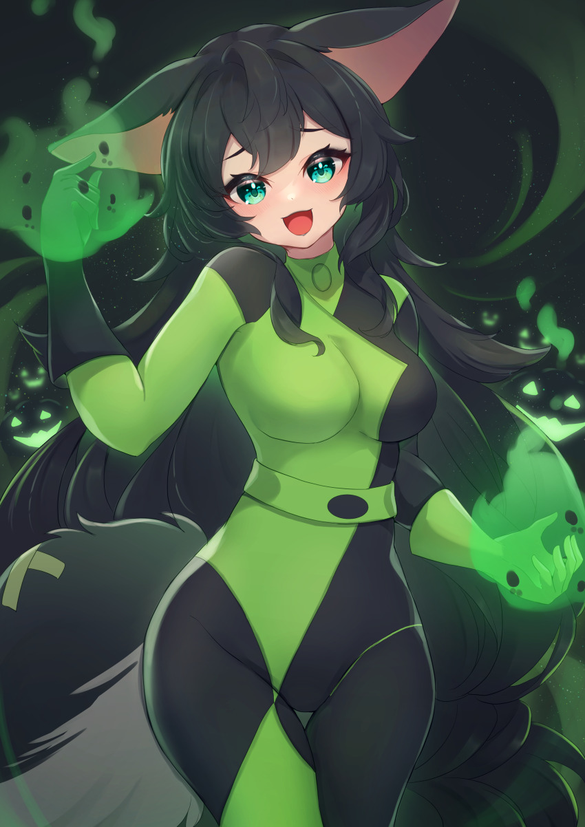 1girl :d absurdres animal_ears animification arm_up asymmetrical_gloves black_bodysuit black_gloves black_hair bodysuit breasts commentary_request commission copyright_request cosplay fox_ears fox_girl fox_tail gloves glowing green_bodysuit green_eyes green_gloves groin highres hinata_(user_rjkt4745) jack-o&#039;-lantern kim_possible_(series) long_hair looking_at_viewer medium_breasts mismatched_gloves multicolored_bodysuit open_mouth pixiv_commission shego shego_(cosplay) smile solo tail very_long_hair virtual_youtuber