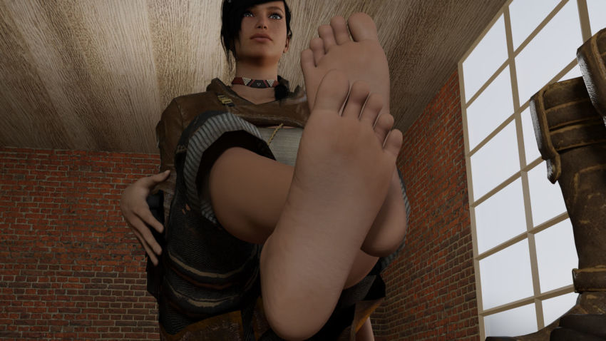 barefoot embarrassed foot_focus gears_of_war kait_diaz leaning_forward leg_lift sad sitting spread_legs