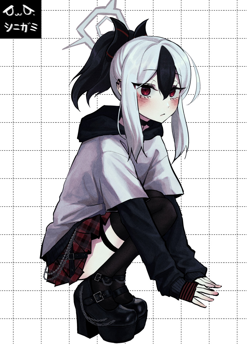 1girl :/ absurdres black_boots black_choker black_hair black_hoodie black_horns blue_archive blush boots chain choker demon_horns earclip grey_hair grey_halo grey_shirt halo highres hood hoodie horns kayoko_(blue_archive) layered_sleeves long_sleeves multicolored_hair plaid_clothes plaid_skirt platform_boots red_eyes red_skirt shironism shirt short_over_long_sleeves short_sleeves sidelocks skirt solo squatting thigh_strap two-tone_hair