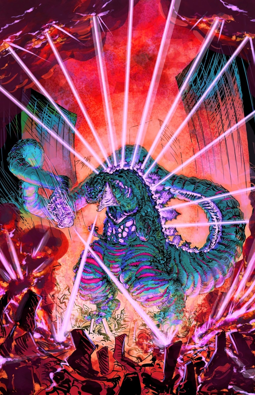 atomic_breath bill_couture breath_weapon city destruction dinosaur energy energy_beam giant giant_monster glowing godzilla godzilla_(series) godzilla_(shin) highres kaiju monster mouth_beam multiple_heads night no_humans plasma plasma_beam sharp_teeth shin_godzilla smoke spike_beam tail tail_beam tail_head teeth toho