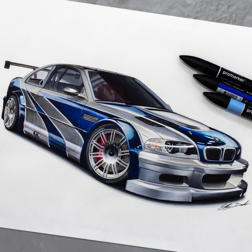 absurdres art_tools_in_frame bmw bmw_3_series bmw_e46 bmw_m3 car commentary english_commentary highres iker_darko marker marker_(medium) motor_vehicle need_for_speed need_for_speed:_most_wanted_(2005) no_humans photo_(medium) shadow signature spoiler_(automobile) sports_car traditional_media vehicle_focus