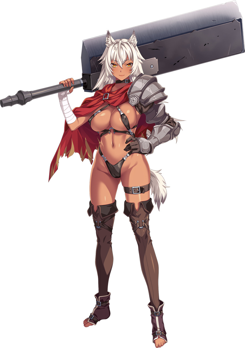 1girl animal_ears armor bikini bikini_armor dark_skin female_focus full_body game_cg highres hikage_eiji knight kuroinu_gaiden_~in&#039;yoku_ni_oboreta_shouki-tachi_no_monogatari~ kuroinu_~kedakaki_seijo_wa_hakudaku_ni_somaru~ leona_(kuroinu) liquid_(company) looking_at_viewer mercenary official_art simple_background solo standing swimsuit sword tachi-e tail warrior weapon white_background white_hair wolf_ears wolf_girl wolf_tail