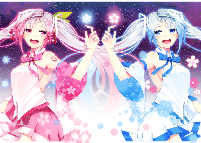 2girls :d armpits blue_eyes blue_hair bow bowtie cherry commentary_request detached_sleeves duplicate floating_hair food fruit hakusai_(tiahszld) hatsune_miku long_hair multiple_girls open_mouth photoshop_(medium) pink_eyes pink_hair polar_opposites sakura_miku skirt sky smile snowflakes star_(sky) starry_sky symmetry twintails very_long_hair vocaloid yuki_miku