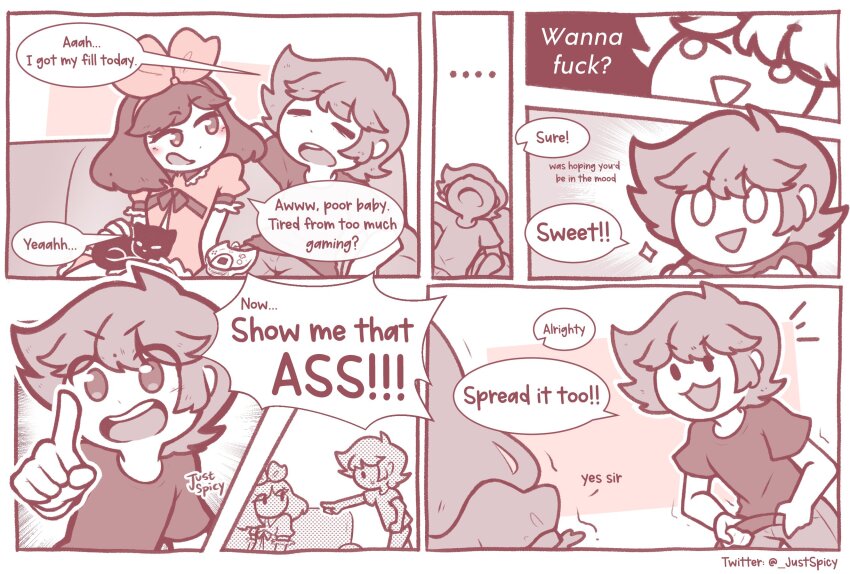 1boy 1girl :3 cat closed_eyes comic commentary controller couch dreamcast_controller english_commentary english_text game_controller greyscale hairband hetero highres justspicy limited_palette medium_hair monochrome open_mouth original pointing sitting sparkle triangle_mouth twitter_username unbuckling