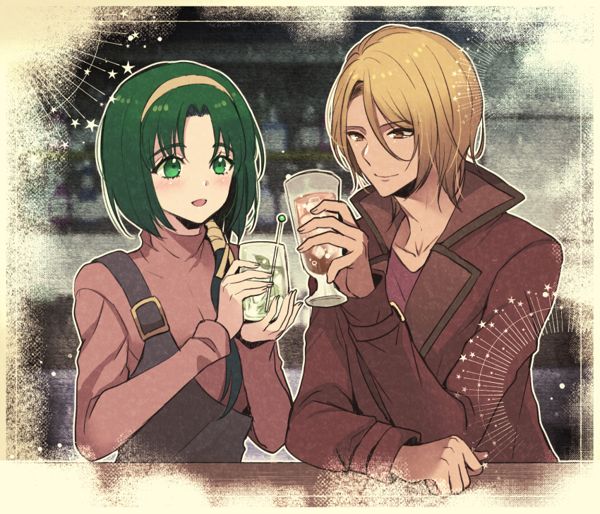 1boy 1girl akimoto_komachi alcohol asymmetrical_dress black_dress blonde_hair blush brown_eyes brown_hairband closed_mouth coat counter cup dark-skinned_male dark_skin dress drinking_glass green_eyes green_hair hairband highres holding holding_cup kibou_no_chikara_otona_precure_&#039;23 long_sleeves low_ponytail natsu_(yes!_precure_5) nuts_(yes!_precure_5) open_mouth ponytail precure red_coat red_shirt shirt short_hair upper_body yes!_precure_5 yes!_precure_5_gogo! yukinonanami
