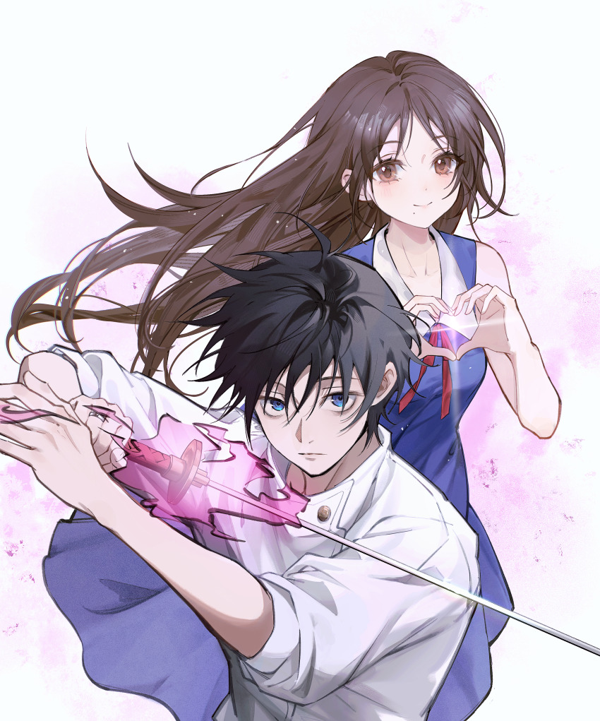 1boy 1girl absurdres aura black_hair blue_eyes brown_eyes brown_hair closed_mouth cursed_energy_(jujutsu_kaisen) floating_hair heart heart_hands highres holding holding_sword holding_weapon jacket jewelry jujutsu_kaisen jujutsu_tech_uniform katana long_hair long_sleeves looking_at_viewer loving_aura mole mole_under_mouth okkotsu_yuuta orimoto_rika ring school_uniform serious short_hair simple_background smile sparkle sword user_znmf2474 weapon white_background white_jacket