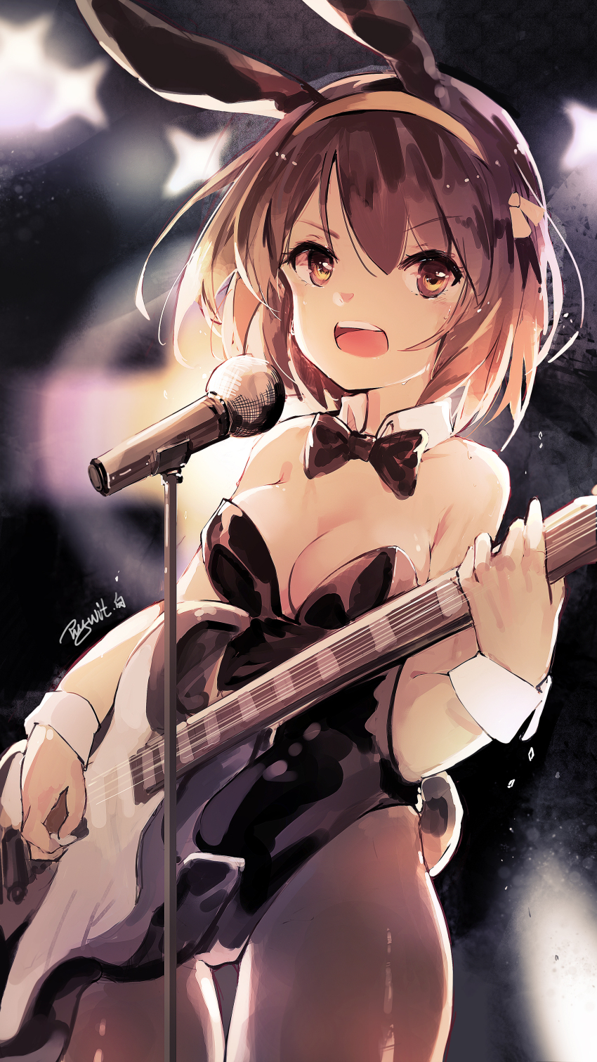 1girl absurdres animal_ear_hairband animal_ears black_bow black_bowtie black_leotard black_pantyhose bow bowtie breasts brown_eyes brown_hair chinese_commentary cleavage commentary detached_collar electric_guitar fake_animal_ears fake_tail god_knows... guitar hair_ribbon hairband highres holding holding_guitar holding_instrument instrument leotard looking_at_viewer microphone microphone_stand open_mouth orange_ribbon pantyhose playboy_bunny pugwit rabbit_ear_hairband rabbit_ears rabbit_tail ribbon scene_reference short_hair signature signing solo stage standing star_(symbol) strapless strapless_leotard suzumiya_haruhi suzumiya_haruhi_no_yuuutsu tail teeth upper_teeth_only wrist_cuffs