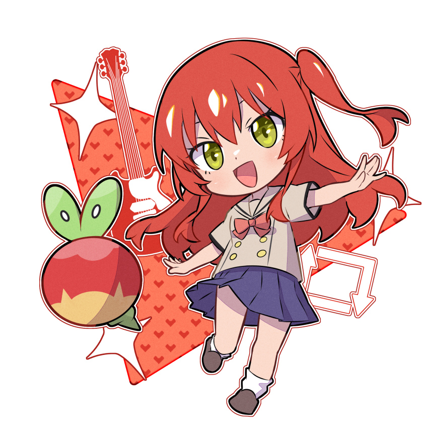 1girl applin arrow_(symbol) blue_shirt bocchi_the_rock! bow brown_shoes chibi collared_shirt commentary_request crossover eyelashes full_body gen_8_pokemon green_eyes grey_shirt guitar heart highres instrument kita_ikuyo kuxiaopa long_hair nintendo one_side_up open_mouth outline outstretched_arms pokemon pokemon_(creature) red_bow red_hair shirt shoes short_sleeves simple_background smile socks sparkle spread_arms standing standing_on_one_leg white_background white_socks