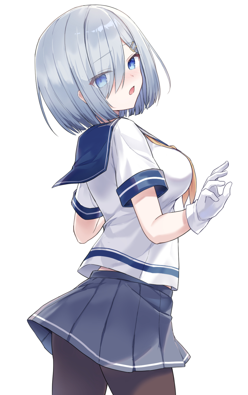 1girl ass blue_eyes blue_sailor_collar breasts brown_pantyhose cowboy_shot eyes_visible_through_hair gloves grey_hair grey_skirt hair_ornament hair_over_one_eye hairclip hamakaze_(kancolle) highres kantai_collection large_breasts looking_at_viewer looking_to_the_side midriff_peek neckerchief pantyhose pleated_skirt sailor_collar school_uniform serafuku shikuro_(iorimiyakiyo) short_hair short_sleeves simple_background skirt solo white_background white_gloves yellow_neckerchief
