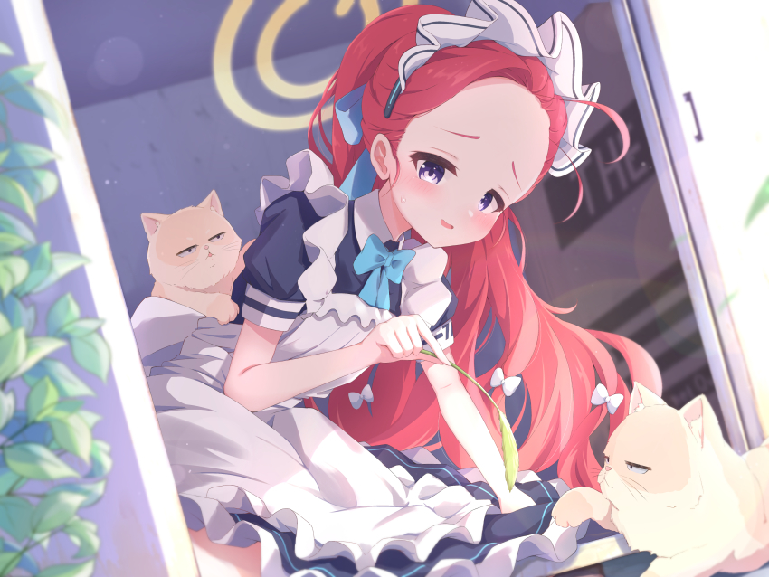 1girl absurdres animal apron black_dress blue_archive blush bow cat dress forehead frilled_apron frilled_dress frills hair_bow halo highres karupa_(karupapon) leaf long_hair maid maid_apron maid_headdress official_alternate_costume open_mouth purple_eyes red_hair short_sleeves solo white_apron white_bow yellow_halo yuzu_(blue_archive) yuzu_(maid)_(blue_archive)