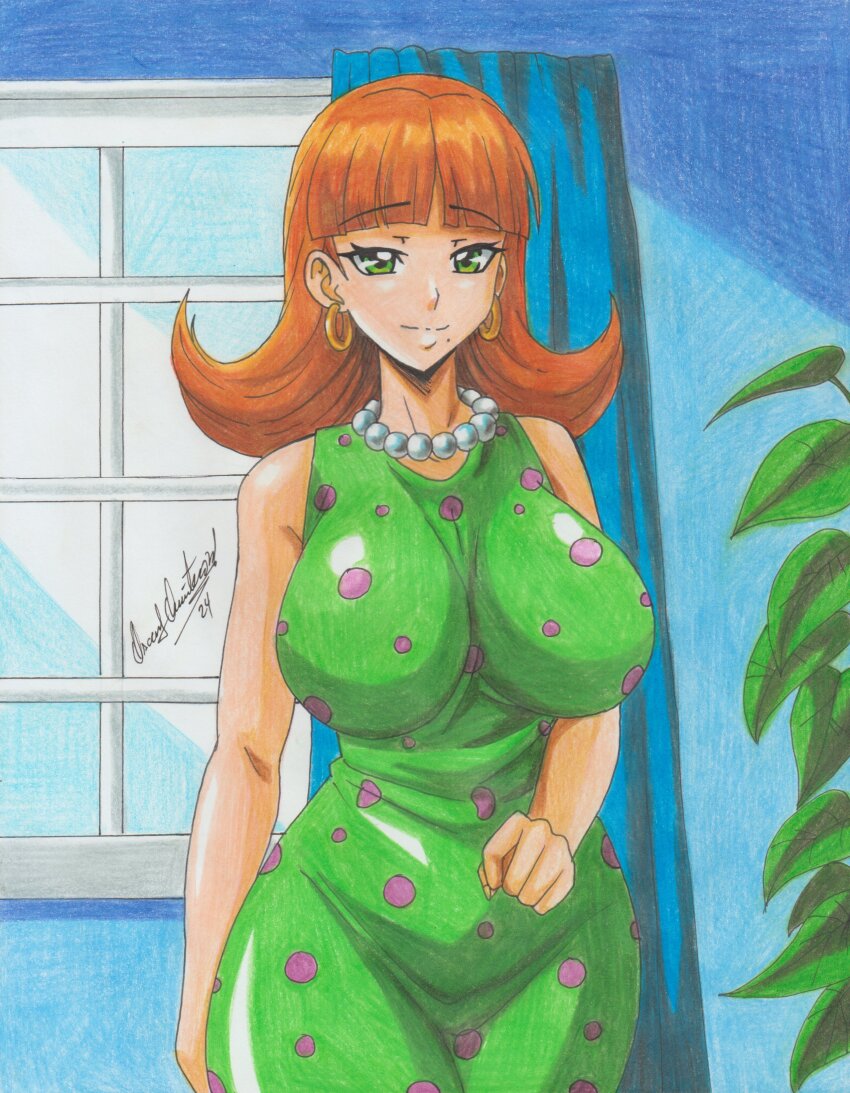 1girl 2024 absurdres bare_shoulders breasts brown_hair curtains dress earrings female_focus green_dress green_eyes highres huge_breasts indoors jewelry jimmy_neutron_(series) judy_neutron mature_female mole necklace nickelodeon ravernclouk_design smile solo