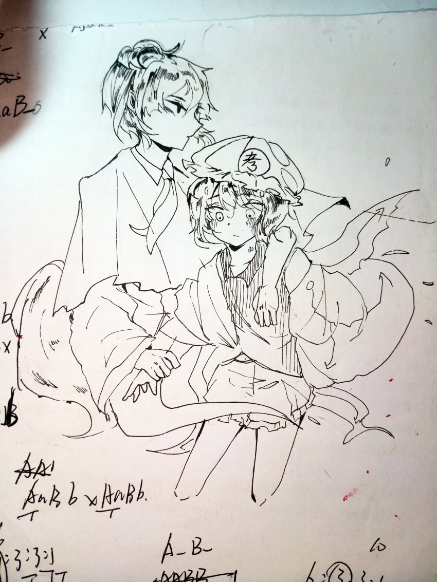 2others absurdres adagumo_no_saragimaru androgynous arm_around_neck arrow_print bags_under_eyes blush capelet chinese_commentary closed_mouth collarbone collared_shirt commentary_request cropped_legs dot_nose expressionless floating_clothes frilled_headwear frilled_shorts frills greyscale hat high_ponytail highres holding_another&#039;s_wrist hood hood_down hooded_jacket jacket japanese_clothes kimono len&#039;en light_frown long_sleeves looking_to_the_side mob_cap monochrome multiple_others neckerchief nervous open_clothes open_jacket other_focus other_with_other petals photo_(medium) ponytail puffy_shorts shirt shitodo_kuroji short_hair short_kimono short_ponytail shorts single_bare_shoulder sleeveless sleeveless_shirt sleeves_past_fingers sleeves_past_wrists snake_tail split_ponytail standing tail torn_capelet torn_clothes traditional_media triangular_headpiece vest wide-eyed wide_sleeves wind xuan9119