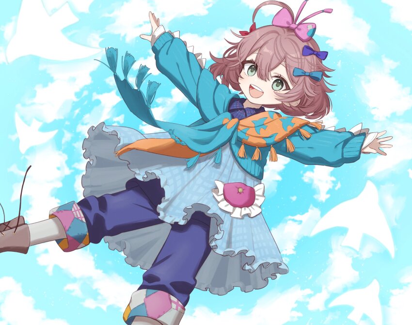 1girl :d aqua_eyes blue_background blue_bow blue_dress blue_pants blue_scarf boots bow brown_boots brown_hair cloud dress feet_out_of_frame flutterpage grey_socks hair_bow highres legs_apart looking_at_viewer multiple_hair_bows open_mouth orange_scarf outstretched_arms panri pants pants_under_dress purple_bow reverse:1999 scarf short_dress short_hair smile socks solo spread_arms teeth two-tone_scarf upper_teeth_only