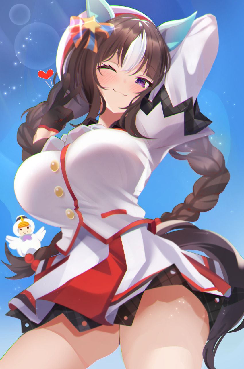 akiba_monaka arm_up beret black_hair blush braid breasts commentary_request gloves hair_ornament hat heart highres hokko_tarumae_(umamusume) large_breasts lens_flare long_braid long_hair looking_at_viewer ribbon sky sparkle thick_thighs thighs tomachop twin_braids umamusume v