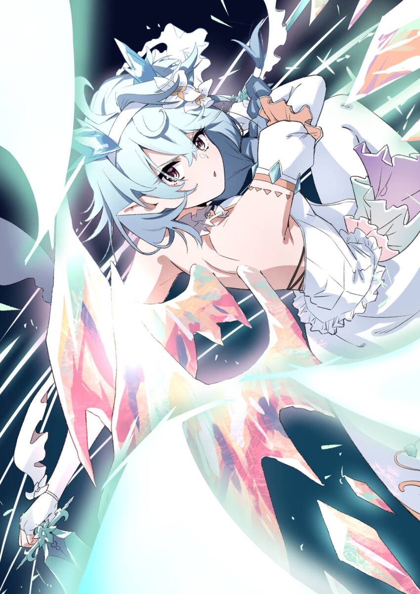 1girl blue_hair blue_horns braid cross-laced_clothes cross-laced_dress crystal_horns crystal_tail crystal_wings dragon_girl dragon_horns dragon_wings dress flower hair_flower hair_ornament hairband highres holding holding_sword holding_weapon horns light_blue_hair princess_connect! rainbow_skirt rainbow_wings sheffy_(princess)_(princess_connect!) sheffy_(princess_connect!) shine_shima single_braid solo sword weapon white_dress white_flower white_hairband wings