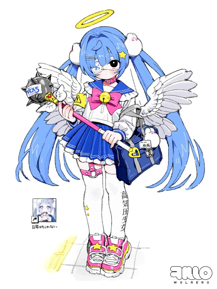 1girl angel angel_wings animal_collar armband bag bell black_eyes blue_hair blue_sailor_collar blue_skirt blush bow closed_mouth club club_(weapon) collar dot_mouth dot_nose eyepatch feathered_wings frilled_sailor_collar frills full_body hair_ornament hairclip halo highres holding holding_weapon icon_(computing) long_hair long_sleeves looking_at_viewer mace medical_eyepatch o-ring o-ring_thigh_strap original pink_bow pink_collar pink_shoes pleated_skirt sailor_collar school_bag school_uniform serafuku shirt shoes sign skirt sneakers solo spiked_club standing star_(symbol) star_hair_ornament thigh_strap thighhighs traditional_halo twintails very_long_hair warning_sign weapon white_background white_shirt white_thighhighs white_wings wings wolrero yellow_armband