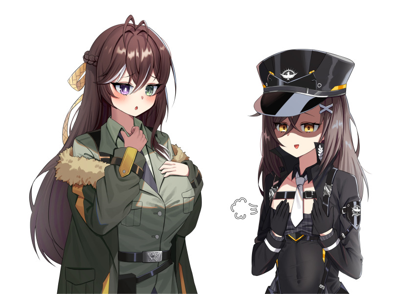 2girls absurdres antenna_hair belt black_belt black_gloves black_hat black_jacket blush breast_envy breast_pocket breasts bright_pupils brown_eyes brown_hair chest_belt christina_brecht collared_shirt commentary commission counter:side covered_navel crossed_bangs emblem empty_eyes flat_chest fur-trimmed_jacket fur_trim furrowed_brow gloves green_eyes green_jacket hair_between_eyes hair_ornament half_updo hands_on_own_chest hat heterochromia highres jacket jinggun karin_wong large_breasts long_hair long_sleeves looking_down military_hat mismatched_pupils multicolored_hair multiple_girls necktie off_shoulder open_clothes open_jacket open_mouth pocket puff_of_air purple_eyes shaded_face shirt simple_background streaked_hair upper_body white_background white_hair white_necktie white_pupils x_hair_ornament