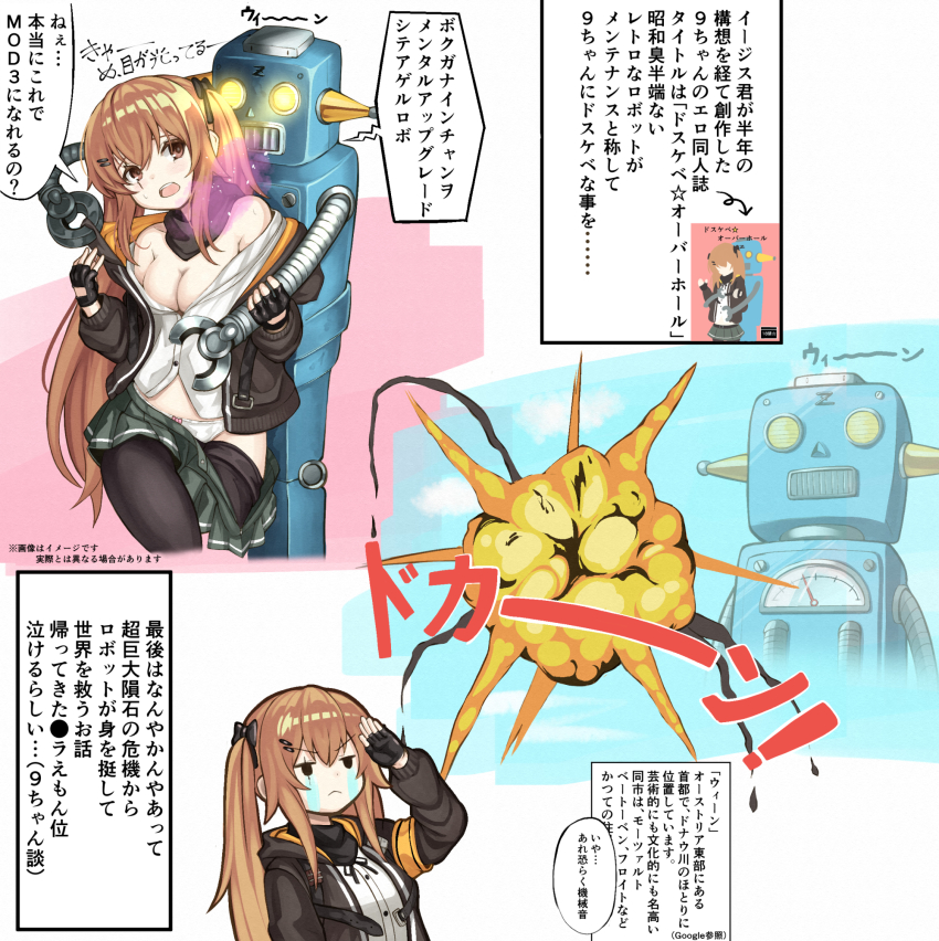 1girl armband bare_shoulders black_jacket black_legwear black_skirt breasts brown_eyes cleavage clothes_pull crying crying_with_eyes_open explosion_gag fingerless_gloves girls&#039;_frontline gloves highres jacket jacket_pull numazume open_clothes open_shirt orange_hair panties robot salute scar scar_across_eye scar_on_face shirt shirt_pull skirt tears ump9_(girls&#039;_frontline) underwear white_shirt