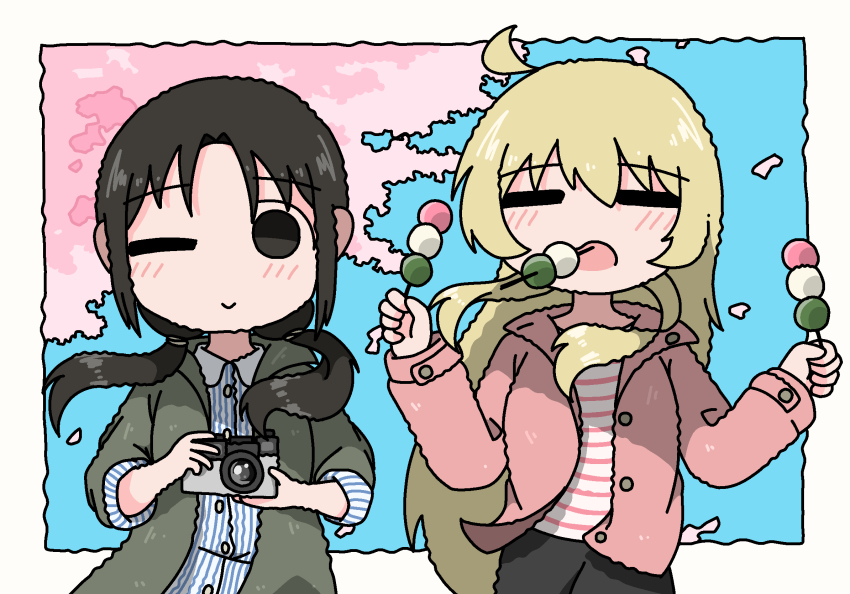 2girls ahoge alternate_costume black_eyes black_hair blonde_hair border buttons camera cherry_blossoms chito_(shoujo_shuumatsu_ryokou) closed_eyes closed_mouth dango day emesan_desu food grey_jacket highres holding holding_camera jacket long_hair long_sleeves looking_at_viewer low_twintails multiple_girls one_eye_closed open_clothes open_jacket outdoors outside_border pink_jacket sanshoku_dango shirt shoujo_shuumatsu_ryokou smile spring_(season) striped_clothes striped_shirt twintails upper_body wagashi white_border yuuri_(shoujo_shuumatsu_ryokou)