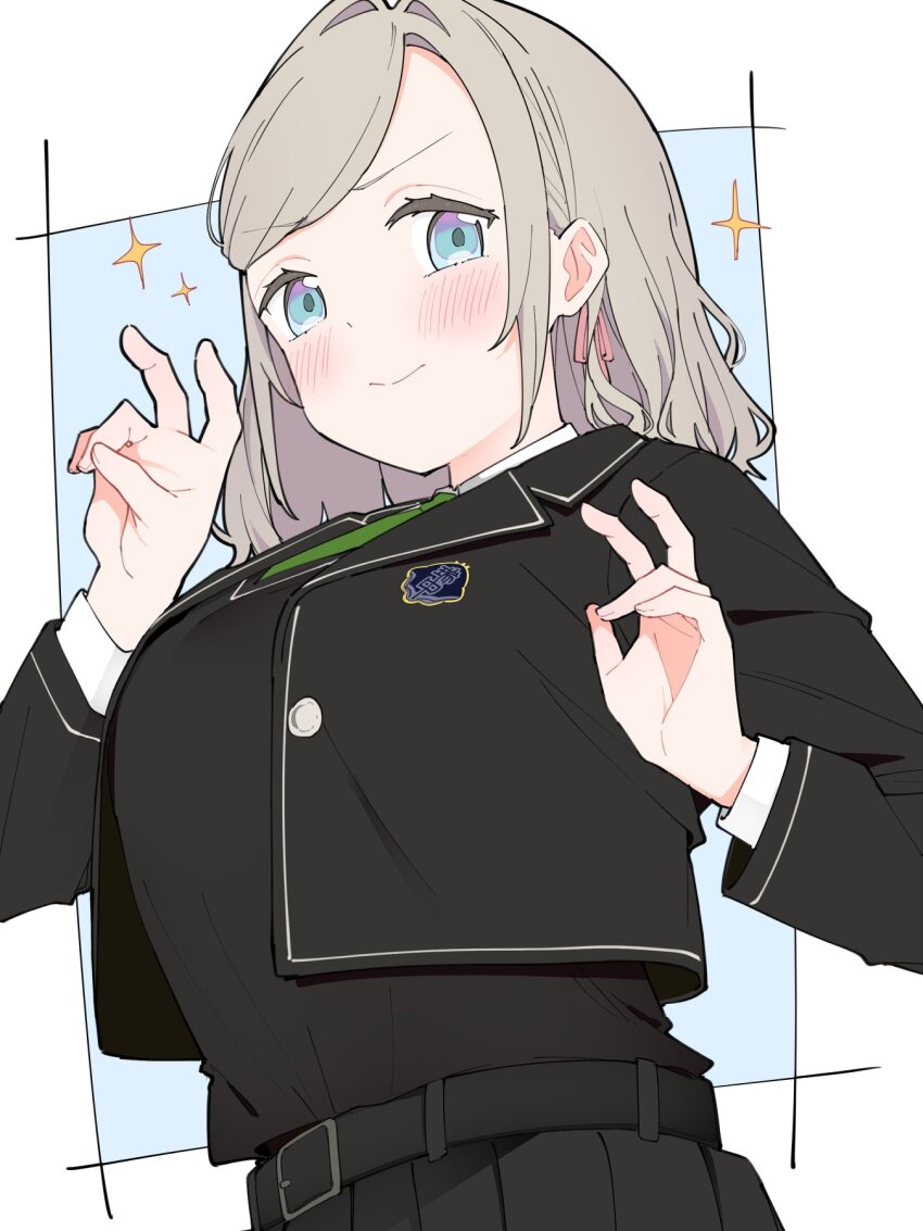 1girl bent_v black_jacket black_skirt black_sweater_vest blazer blue_background blue_eyes border breasts ceras_yanagida_lilienfeld closed_mouth collared_shirt commentary_request double_v dress_shirt emblem green_necktie grey_hair hair_intakes hair_ribbon highres huge_breasts jacket link!_like!_love_live! liz_(piyoko_piyop) long_hair long_sleeves looking_at_viewer love_live! mizukawa_school_uniform necktie open_clothes open_jacket outside_border pink_ribbon pleated_skirt ribbon school_uniform shirt shirt_tucked_in simple_background skirt smile solo sparkle split_mouth sweater_vest swept_bangs upper_body v v-shaped_eyebrows virtual_youtuber white_border white_shirt