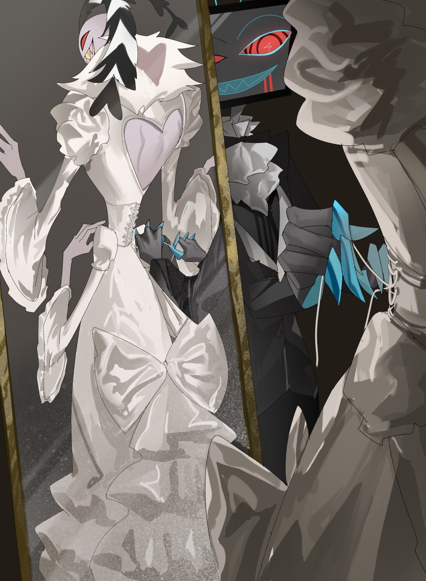 2boys absurdres coat corset demon_boy dress empyrean425 evil_grin evil_smile extra_arms frilled_dress frills grin hazbin_hotel highres mirror multiple_boys red_eyes smile television valentino_(hazbin_hotel) vox_(hazbin_hotel) white_corset white_dress