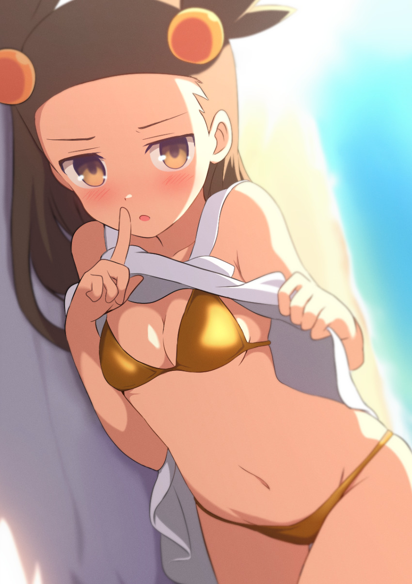 1girl absurdres bare_shoulders beach bikini blush breasts brown_eyes brown_hair clothes_lift curakuru dress dress_lift finger_to_mouth gold_bikini golden_week highres jasmine_(pokemon) long_hair looking_at_viewer lying nintendo ocean on_side outdoors pokemon pokemon_gsc sand small_breasts solo swimsuit white_dress
