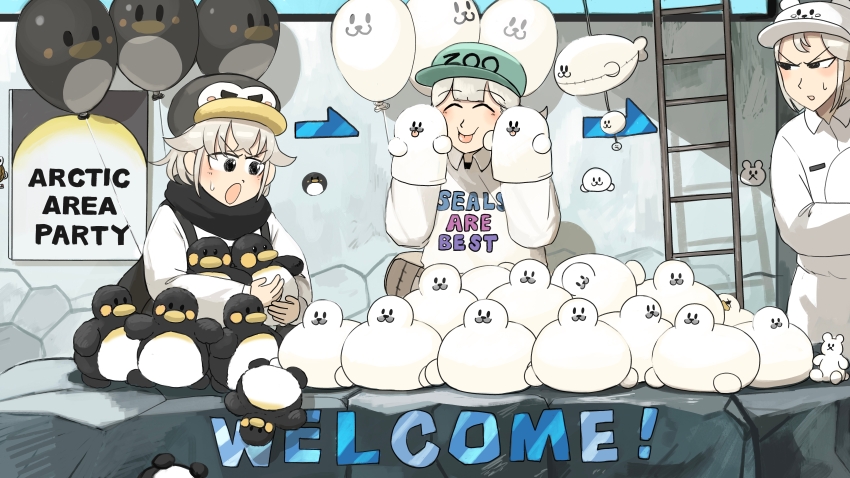 3girls :o absurdres bear_hat bird black_scarf closed_eyes clothes_writing commentary diva_(hyxpk) donut_stamp duck english_commentary grey_hair hat highres ladder multiple_girls penguin_balloon penguin_hat penguin_keeper_(diva) polar_bear_keeper_(diva) scarf seal_balloon seal_keeper_(diva) seal_puppet shirt short_hair slice_of_life smile stuffed_animal stuffed_penguin stuffed_polar_bear stuffed_seal stuffed_toy tongue tongue_out white_hat white_shirt zoo zookeeper zookeepers_(diva)