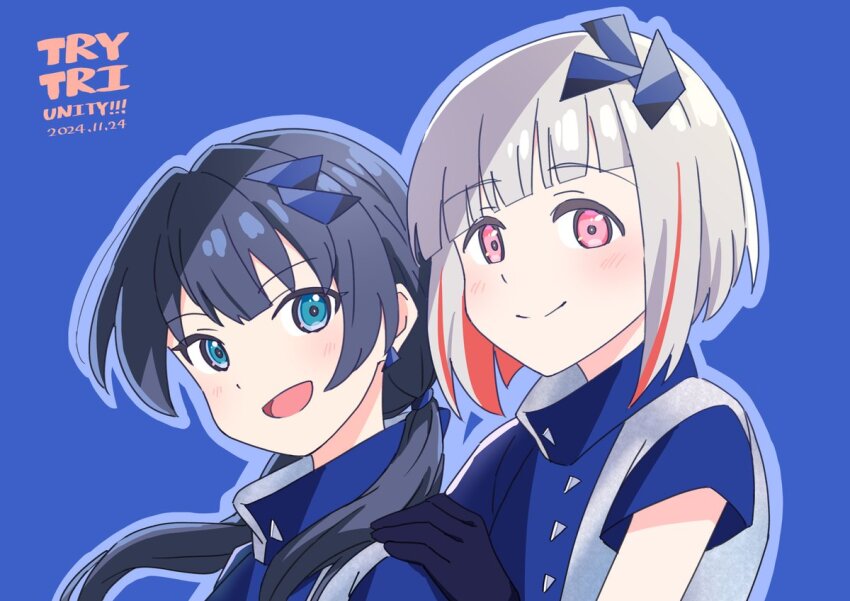 2girls :d alt_text blue_background blue_eyes blue_gloves blue_hair blue_shirt bob_cut closed_mouth colored_inner_hair commentary_request dark_blue_hair dated diagonal_bangs dollchestra earrings gloves grey_hair hair_over_shoulder hand_on_another&#039;s_shoulder inverted_bob jewelry ladybug/beauty_(love_live!) link!_like!_love_live! long_hair looking_at_viewer love_live! low_twintails multicolored_hair multiple_girls murano_sayaka nogreen open_mouth pink_eyes red_hair shirt short_hair short_sleeves simple_background smile split_mouth streaked_hair triangle_earrings twintails upper_body virtual_youtuber yugiri_tsuzuri