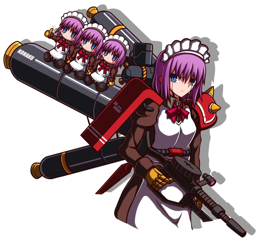 1girl alternate_costume apron bazooka_(gundam) blue_eyes character_name cosplay gundam gundam_thunderbolt highres holding holding_weapon light_frown maid maid_headdress mecha mecha_hisui melty_blood mobile_suit purple_hair robot science_fiction short_hair shoulder_spikes simple_background solo spikes tsukihime weapon white_background zaku_ii zaku_ii_(reuse_p_device) zaku_ii_(reuse_p_device)_(cosplay) zeon132