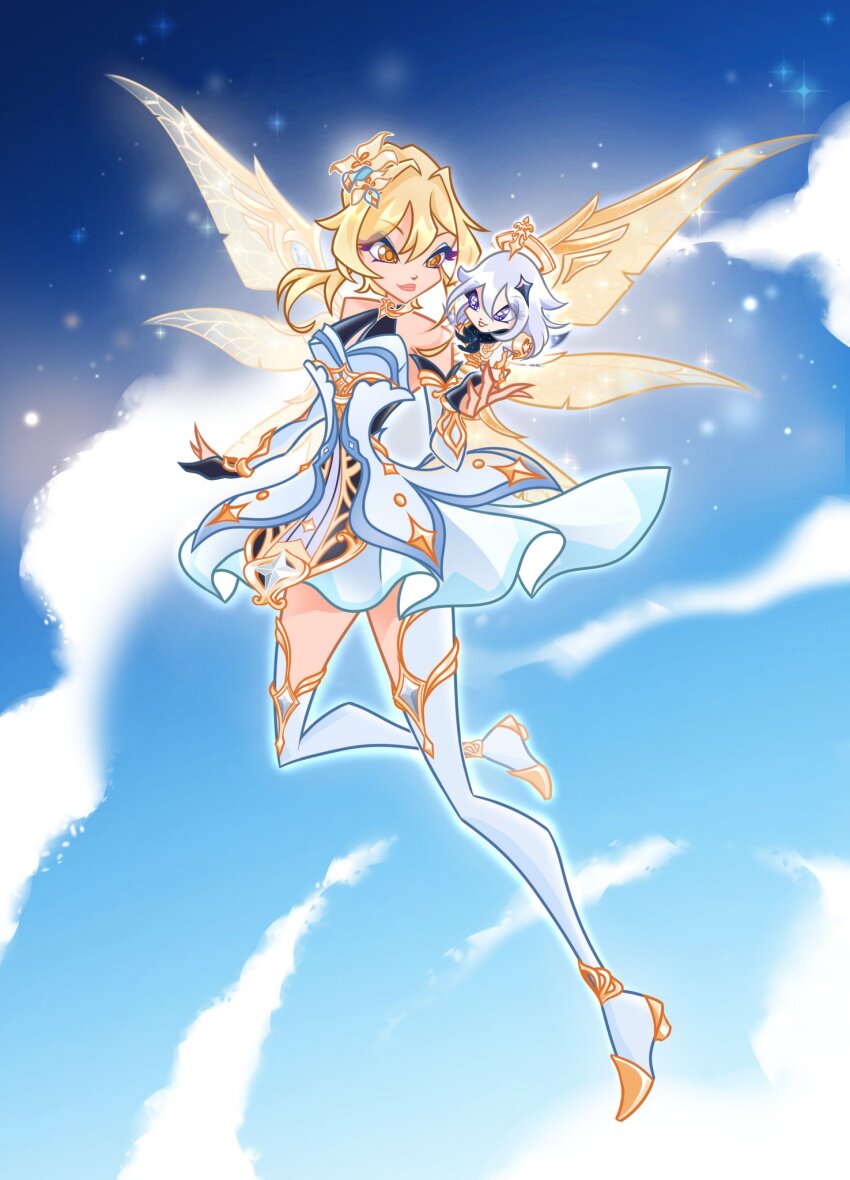 2girls adapted_costume bad_id bad_twitter_id bare_shoulders black_dress black_gloves blonde_hair blue_eyeshadow blue_skirt blue_sky brown_eyes cartoonized chibi chocofish closed_mouth cloud commentary day dress english_commentary eyelashes eyeshadow fairy fairy_wings floating_clothes floating_hair flower flying full_body genshin_impact gloves gold_choker grey_hair hair_between_eyes hair_flower hair_ornament halo happy high_heels highres layered_dress light_particles lipstick long_hair looking_at_another low_ponytail lumine_(genshin_impact) magical_girl makeup miniskirt multiple_girls outdoors outline paimon_(genshin_impact) pale_skin parody parted_lips partially_fingerless_gloves pink_lips pleated_skirt ponytail pumps purple_eyes shoes short_ponytail skirt skirt_under_dress sky style_parody thighhighs toon_(style) white_dress white_fur white_outline white_thighhighs wings winx_club yellow_halo yellow_shoes yellow_wings