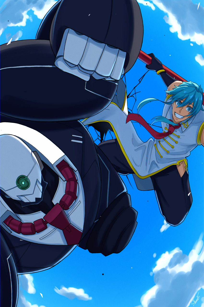 2boys absurdres black_gloves blue_hair blue_sky bracelet chinese_clothes day exoskeleton formal_clothes gloves helmet highres holding holding_staff jewelry male_focus multiple_boys necktie red_necktie shen_(undead_unluck) shishiruto sky staff suit undead_unluck void_volks