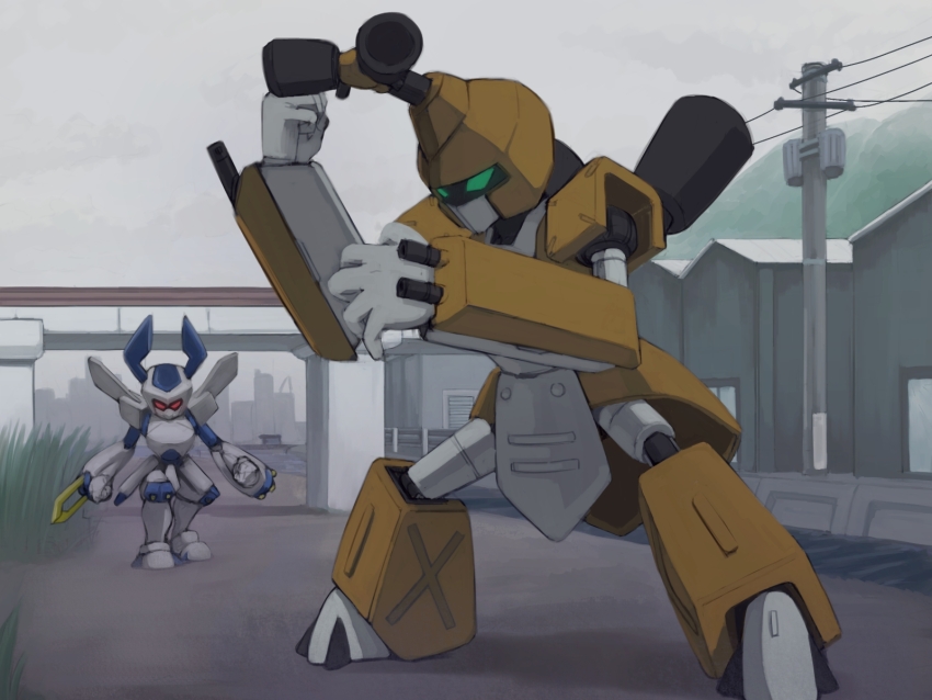 commentary_request green_eyes grey_sky highres house humanoid_robot kakone medarot metabee no_humans no_mouth outdoors red_eyes robot rokusho_(medarot) sky utility_pole