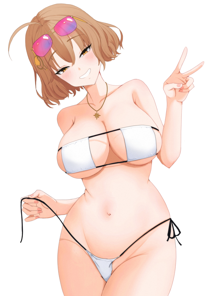 1girl ahoge anis_(nikke) anis_(sparkling_summer)_(nikke) bikini breasts brown_hair eyepatch_bikini eyewear_on_head foguma goddess_of_victory:_nikke grin highres holding_strap jewelry large_breasts looking_at_viewer navel necklace official_alternate_costume short_hair side-tie_bikini_bottom simple_background smile solo stomach sunglasses swimsuit underboob v white_background white_bikini