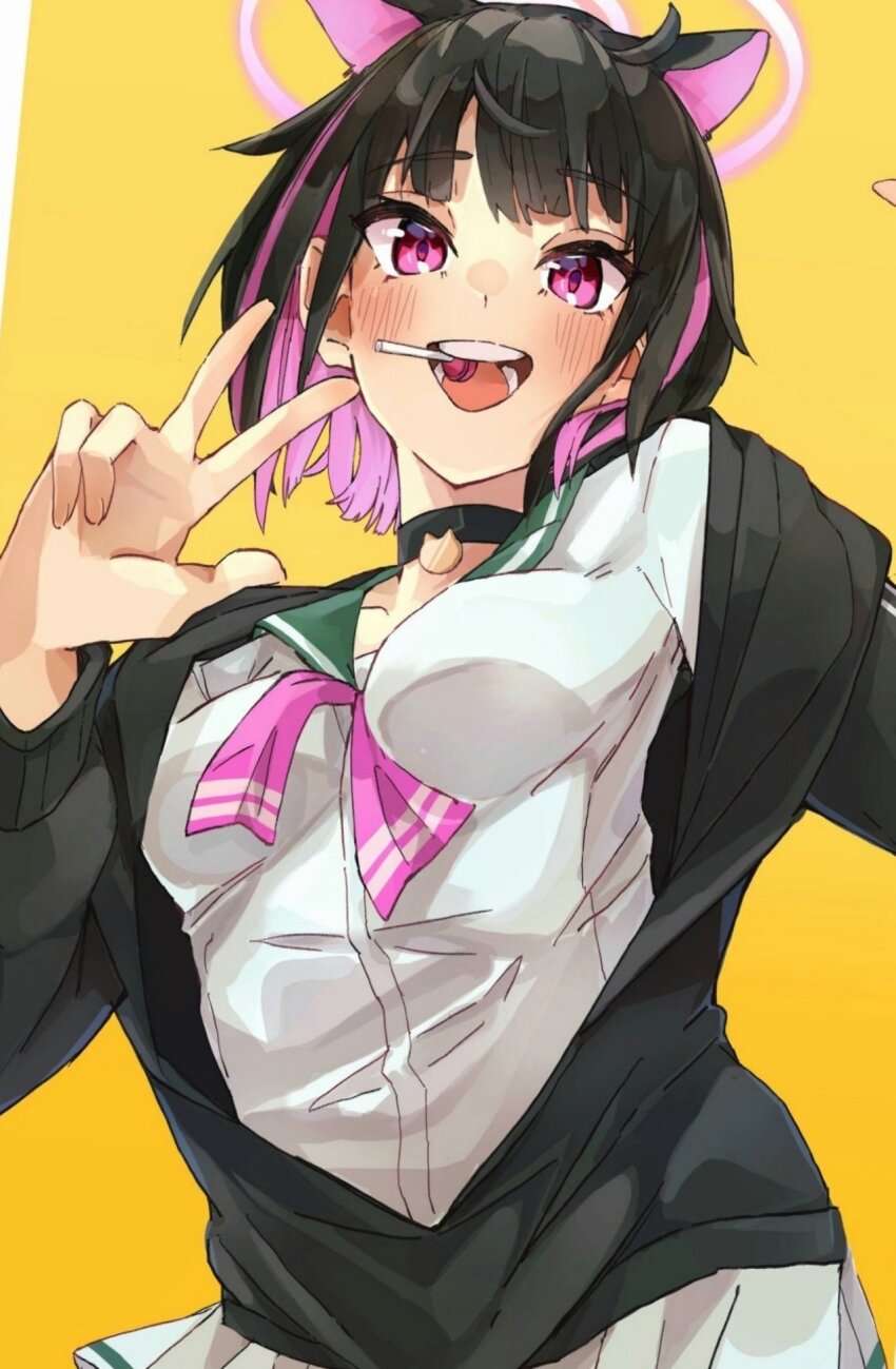 1girl animal_ears black_choker black_hair blue_archive candy cat_ears choker colored_inner_hair extra_ears food green_sailor_collar halo highres kazusa_(blue_archive) lollipop looking_at_viewer multicolored_hair neckerchief open_mouth pink_hair pink_neckerchief red_eyes sailor_collar sailor_shirt shirt short_hair smile solo techi_(siro-white_0803) two-tone_hair upper_body v.v.