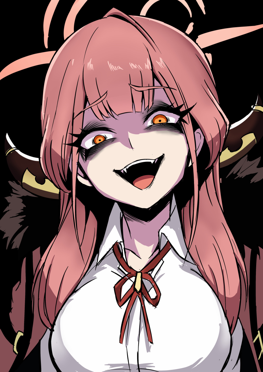 1girl absurdres aru_(blue_archive) black_background black_coat black_eyeshadow black_hair blue_archive breasts coat collared_shirt demon_horns evil_smile eyeliner eyeshadow fangs fur-trimmed_hood fur_trim furrowed_brow halo highres hood horns j.k._(style) large_breasts long_hair looking_at_viewer makeup nagainegi neck_ribbon open_clothes open_coat open_mouth pink_hair pink_halo red_ribbon ribbon shirt simple_background smile solo white_shirt yellow_eyes