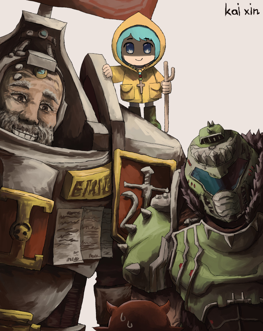 1girl 2boys absurdres armor artist_name assault_visor beard blue_eyes blue_hair colored_skin commentary crossover demon demon_horns doom:_the_dark_ages doom_(series) doomguy english_commentary facial_hair grey_visor grin helmet highres hood hooded_coat horns inquisition_(warhammer) jubilee_2025 kai_xin looking_at_viewer luce_(jubilee_2025) multiple_boys multiple_crossover old old_man power_armor praetor_suit red_skin shaded_face short_hair simple_background smile space_marine standing_on_shoulder upper_body warhammer_40k white_background