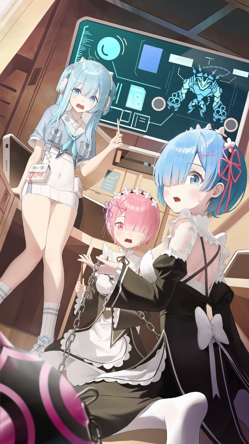 3girls absurdres animal_ear_headphones animal_ears ball_and_chain_(weapon) blue_eyes blue_hair blue_neckerchief blush breasts chain chatterbox_(nikke) collared_dress covered_navel crop_top dress fake_animal_ears goddess_of_victory:_nikke hair_between_eyes hair_intakes hair_ornament hair_over_one_eye hair_ribbon headphones headset highres holding holding_stylus light_blue_hair long_hair looking_at_viewer maid maid_headdress medium_breasts multiple_girls neckerchief open_mouth panties pantyshot pink_eyes pink_hair pink_ribbon ram_(re:zero) rapture_(nikke) re:zero_kara_hajimeru_isekai_seikatsu rem_(re:zero) ribbon roswaal_mansion_maid_uniform shifty_(nikke) shoes short_hair short_sleeves side_ponytail sneakers socks spiked_ball_and_chain stylus sweatdrop underwear weapon white_dress white_panties white_socks wrist_cuffs x_hair_ornament yarn_(yarn_03)
