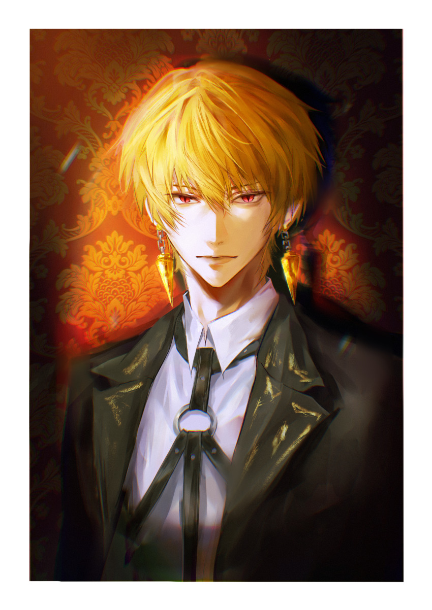 1boy absurdres blonde_hair chest_harness earrings fate/stay_night fate_(series) gilgamesh_(fate) harness highres jacket jewelry looking_at_viewer male_focus pppeipeipipi red_eyes revision shirt short_hair solo wallpaper_(object)